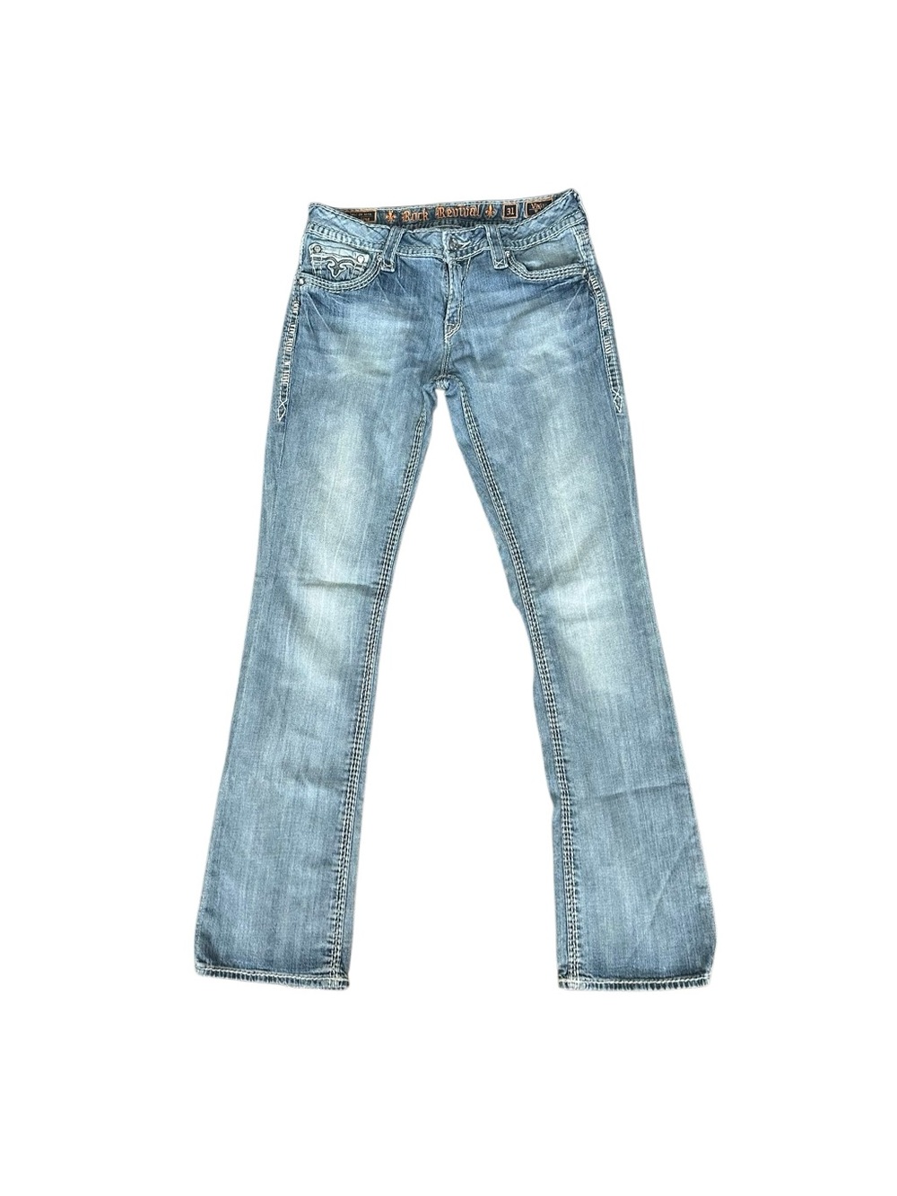 Rock Revival Vivian Bootcut Jeans Size 31 Embellished Denim Light Wash Low Rise